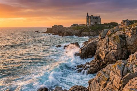 Château dominant les rochers de la Côte Sauvage de Quiberon au coucher du soleil