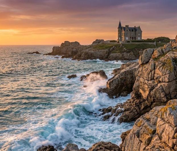 Château dominant les rochers de la Côte Sauvage de Quiberon au coucher du soleil